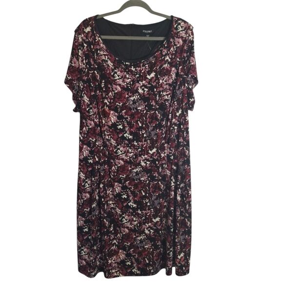 Roz & Ali Officecore Midi Dress Floral Short Sleeve Romantic Flowy Plum Size 24 - Picture 2 of 13